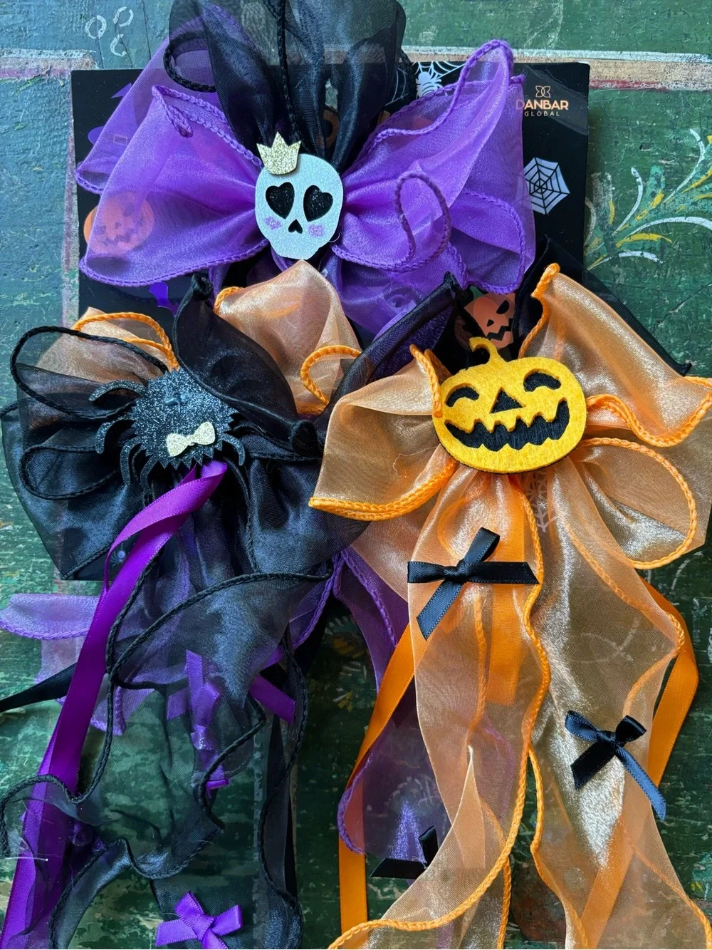 Halloween Ribbon Hair Bows, Pumpkin, Spider and Skull Set of 3 Clips, NWT